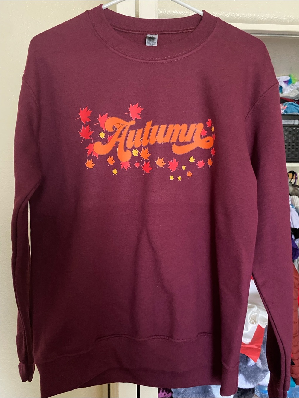 Gildan Burgundy Crewneck Sweater with Orange Autumn Graphic